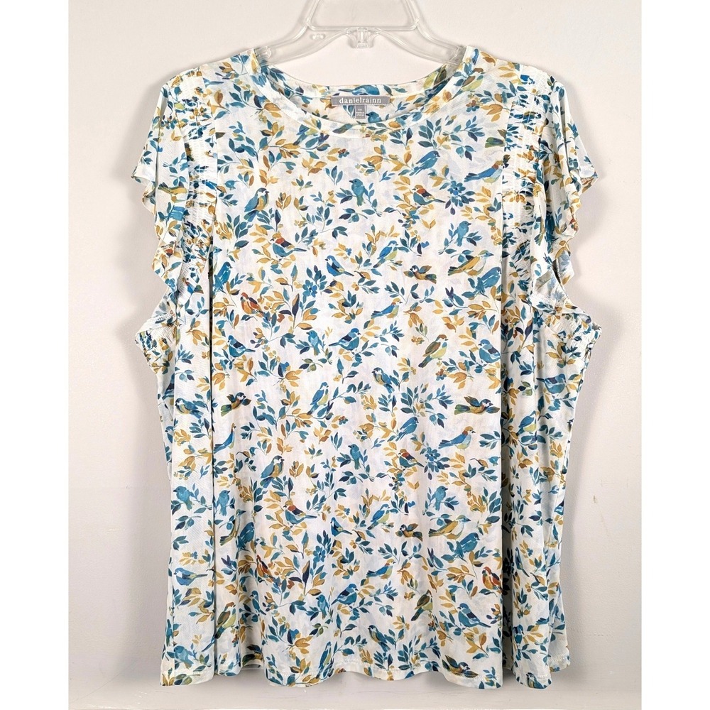 Daniel Rainn Bird Print Mesh Flutter Sleeve Blouse Top Turquoise Blue Yellow 2X